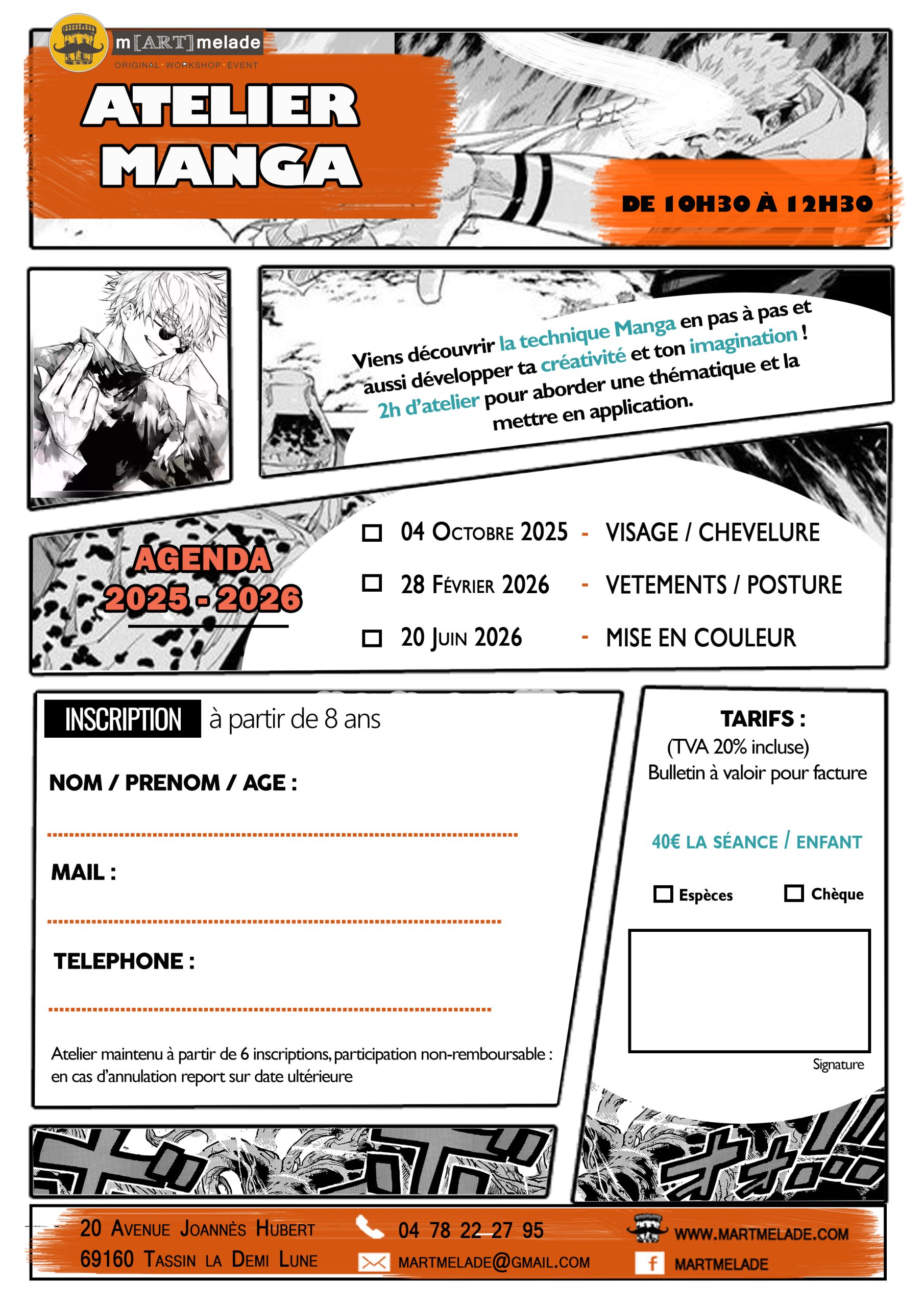 Bulletin d'inscription Cours stage Manga pour enfants à partir de 8 ans Martmelade Lyon Tassin