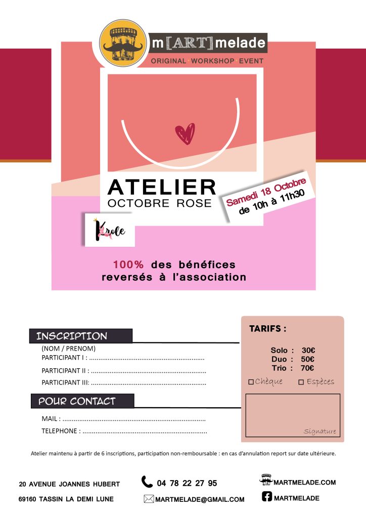 Bulletin d'inscription Atelier Créatif Octobre Rose Martmelade Tassin Lyon