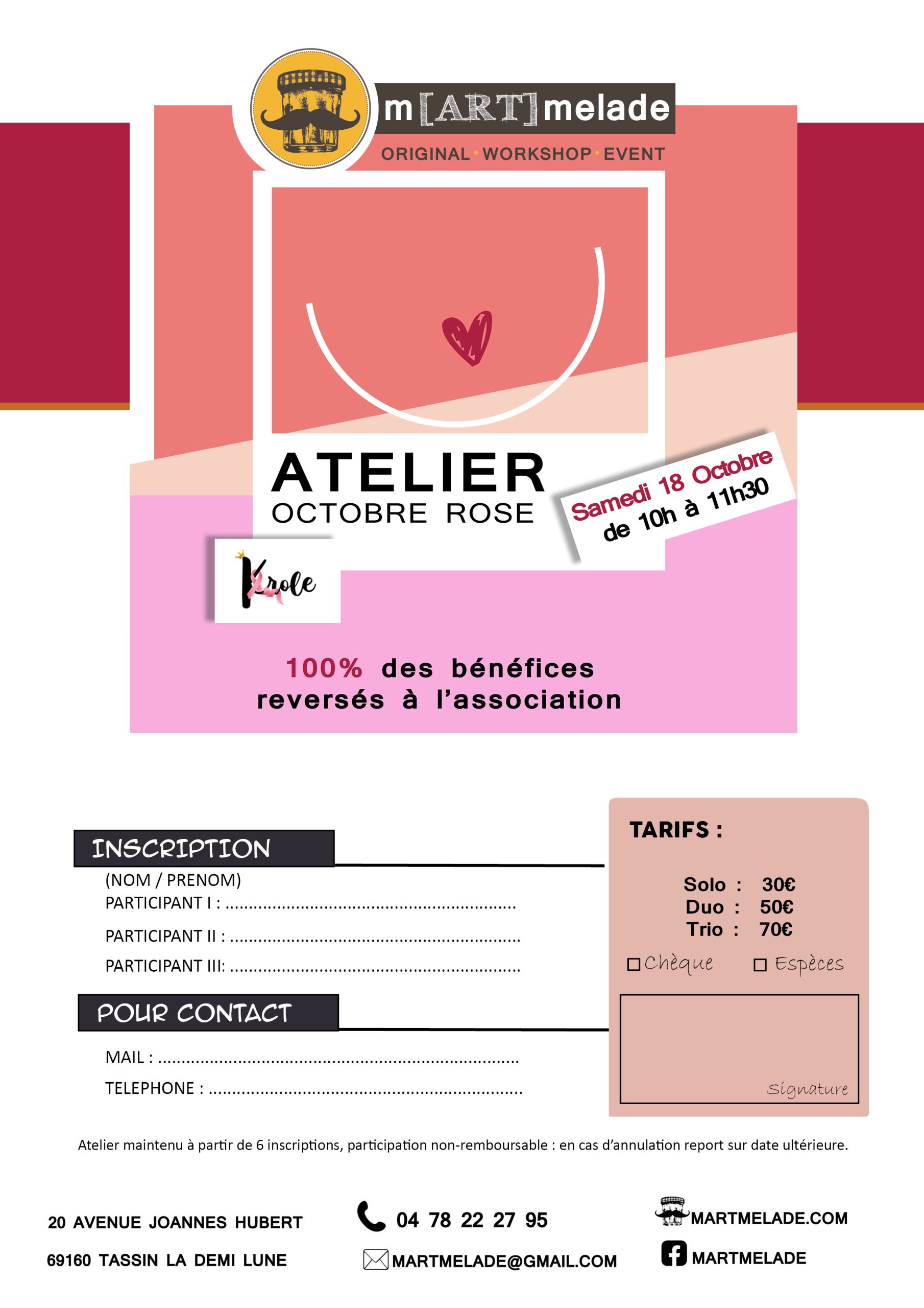 Bulletin d'inscription Atelier Créatif Octobre Rose Martmelade Tassin Lyon